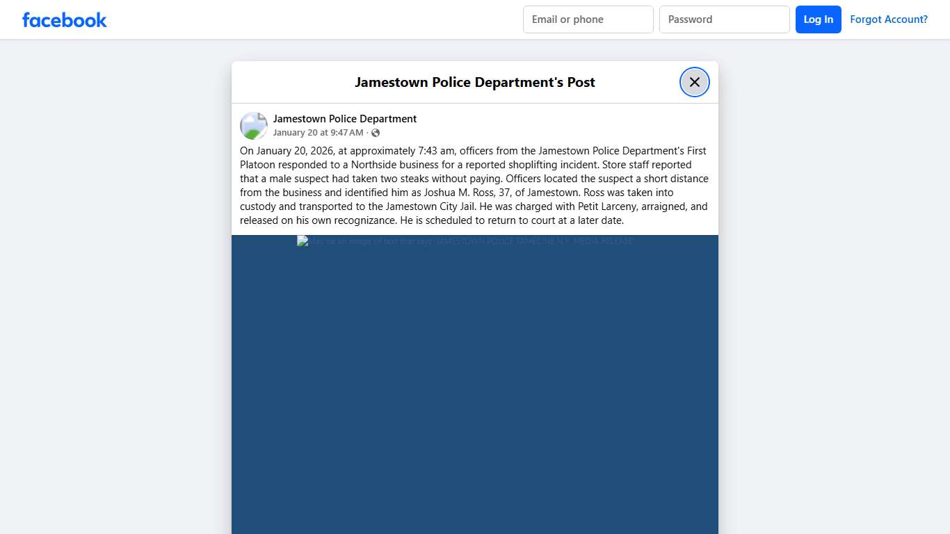 On January 20, 2026, at... - Jamestown Police Department Facebook